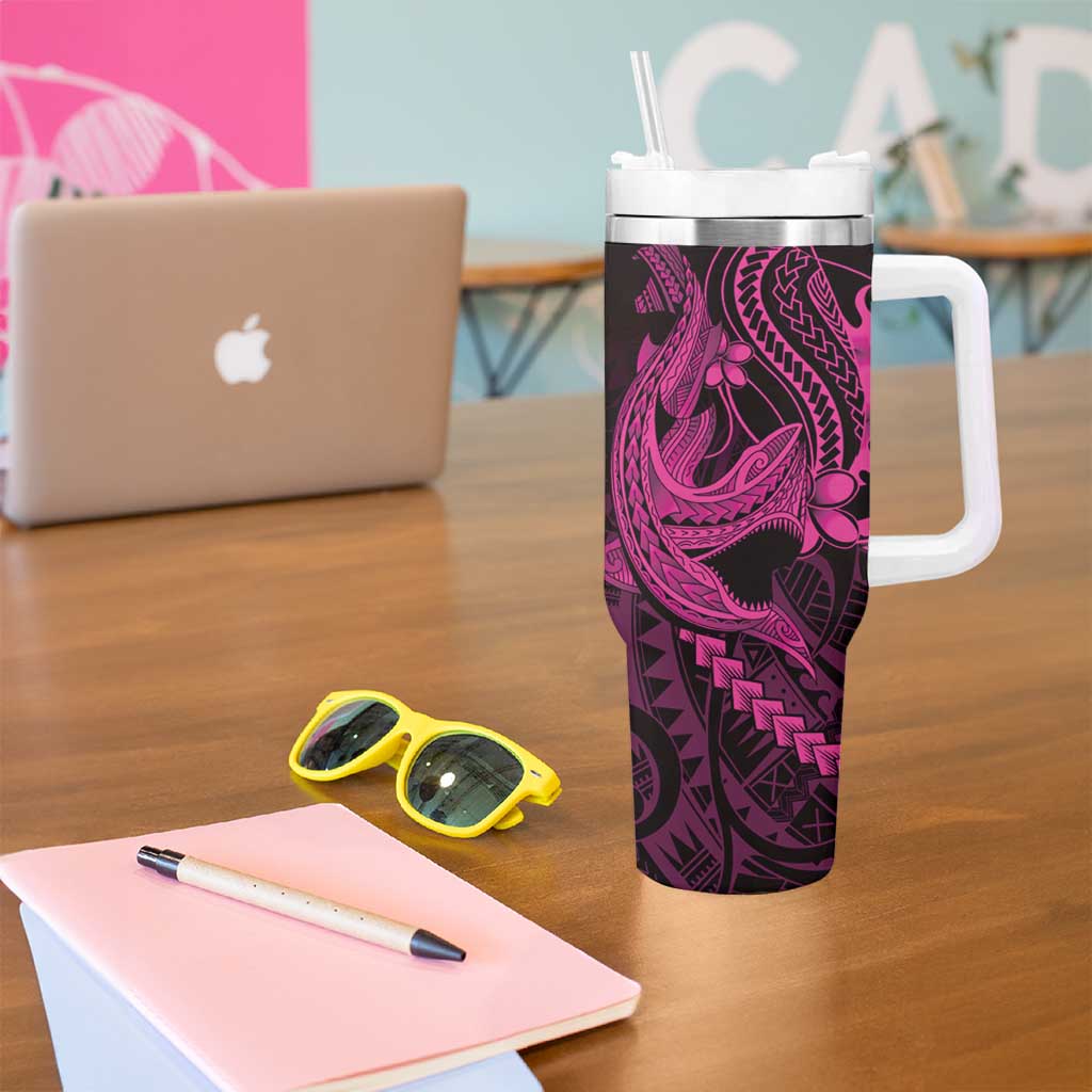 Pink Black Aloha Hawaii Tumbler With Handle Polynesian Shark Tattoo With Plumeria - Polynesian Pride