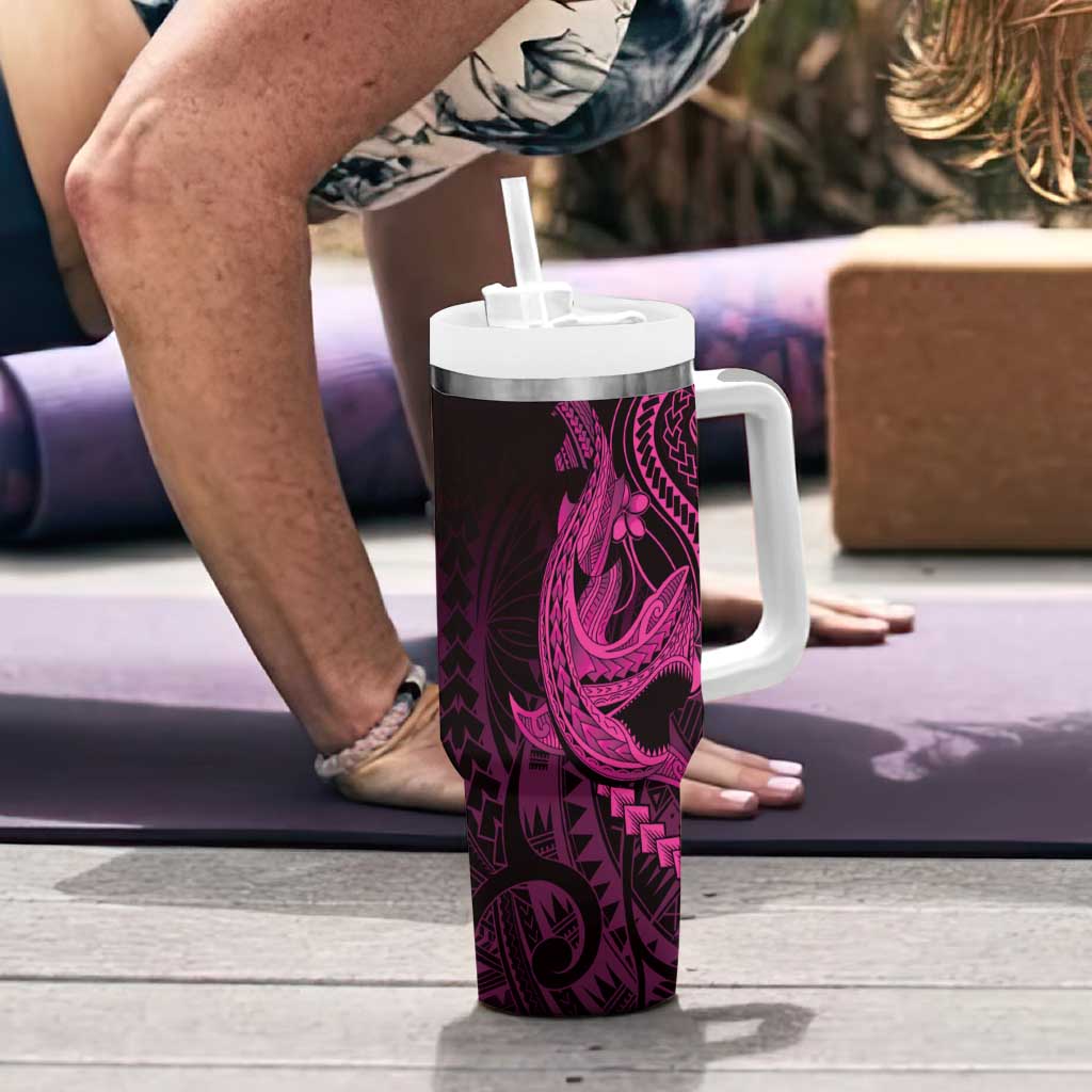 Pink Black Aloha Hawaii Tumbler With Handle Polynesian Shark Tattoo With Plumeria - Polynesian Pride