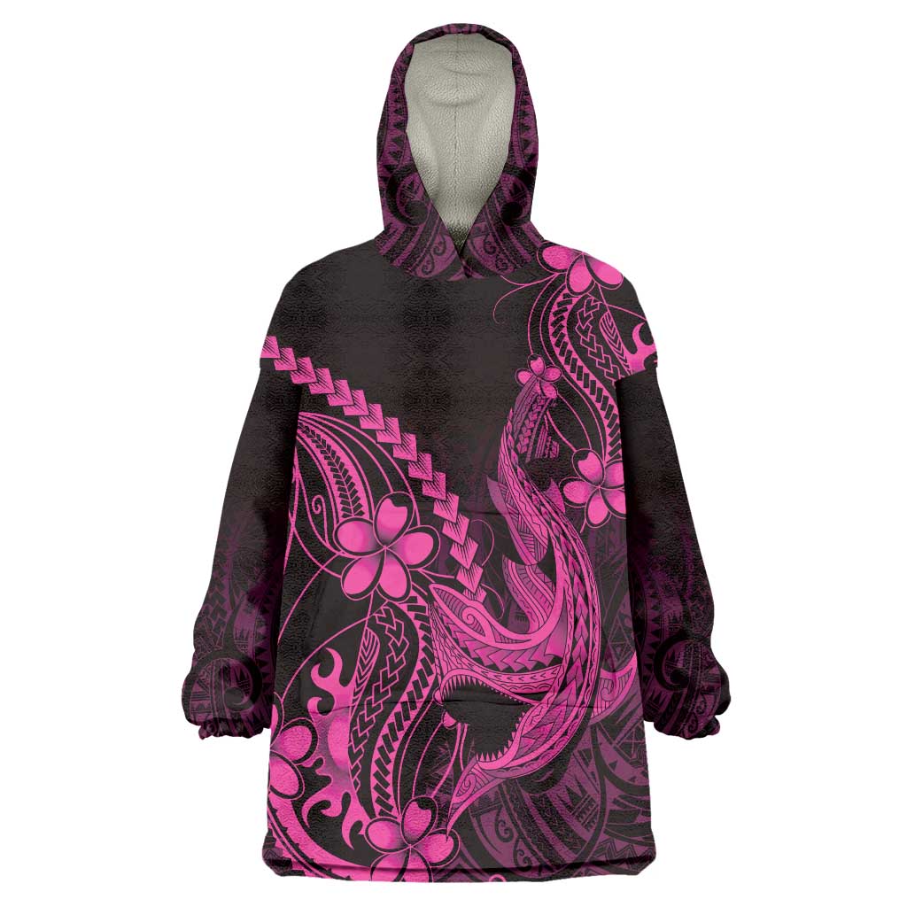 Pink Black Aloha Hawaii Wearable Blanket Hoodie Polynesian Shark Tattoo With Plumeria - Polynesian Pride