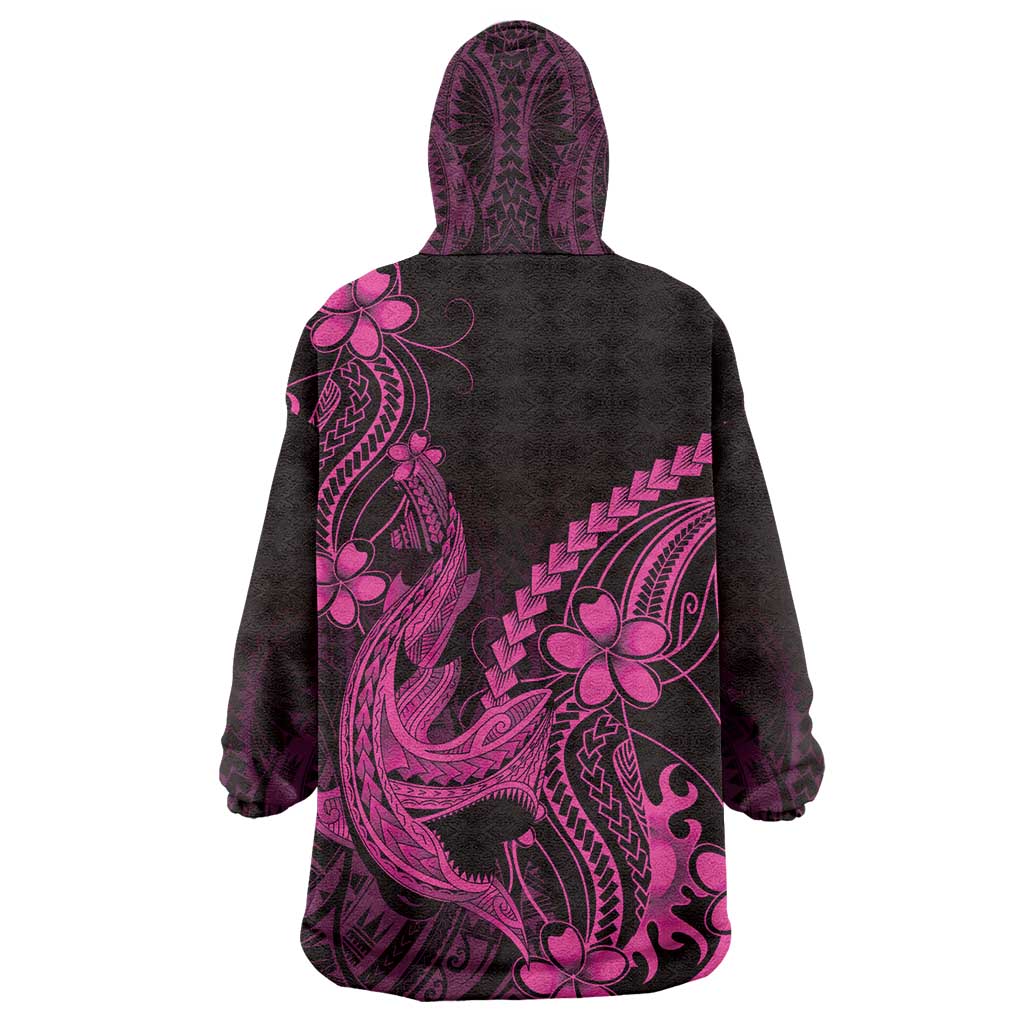 Pink Black Aloha Hawaii Wearable Blanket Hoodie Polynesian Shark Tattoo With Plumeria - Polynesian Pride