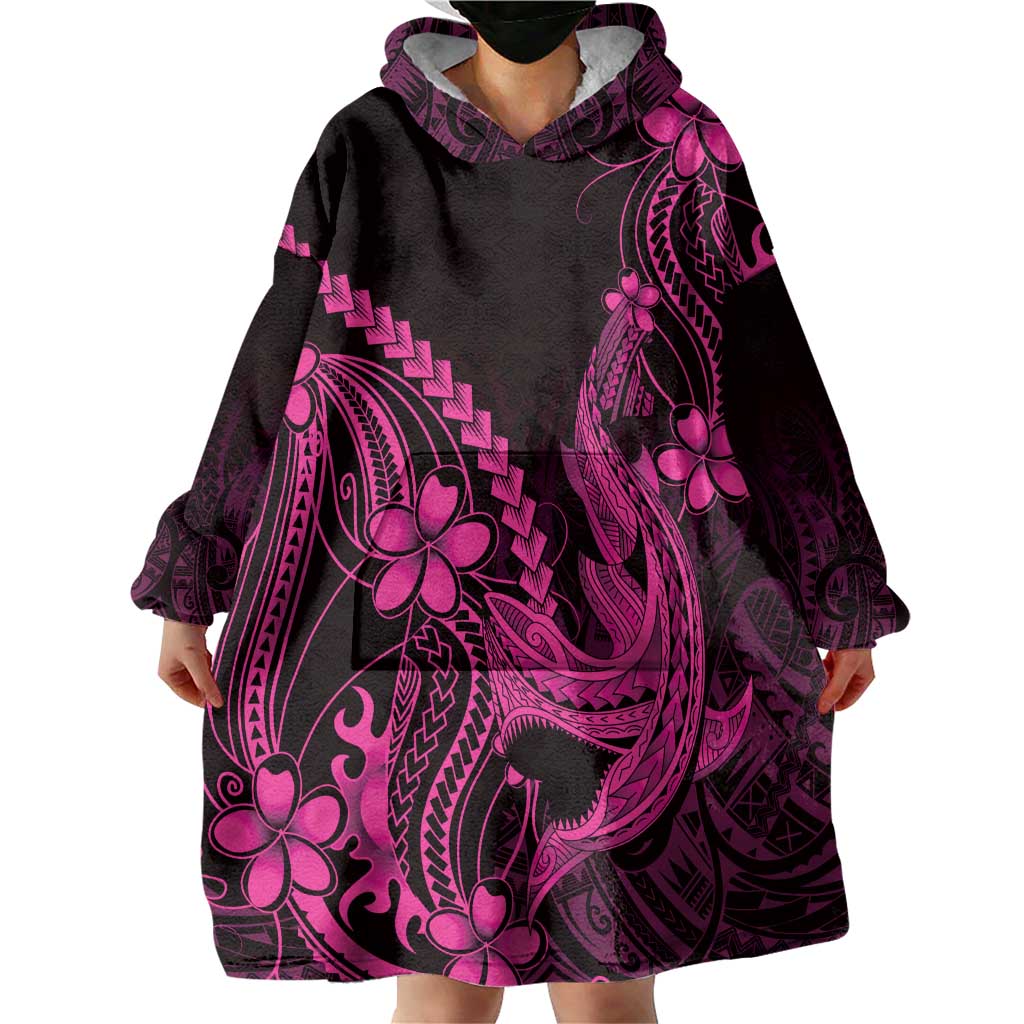 Pink Black Aloha Hawaii Wearable Blanket Hoodie Polynesian Shark Tattoo With Plumeria - Polynesian Pride