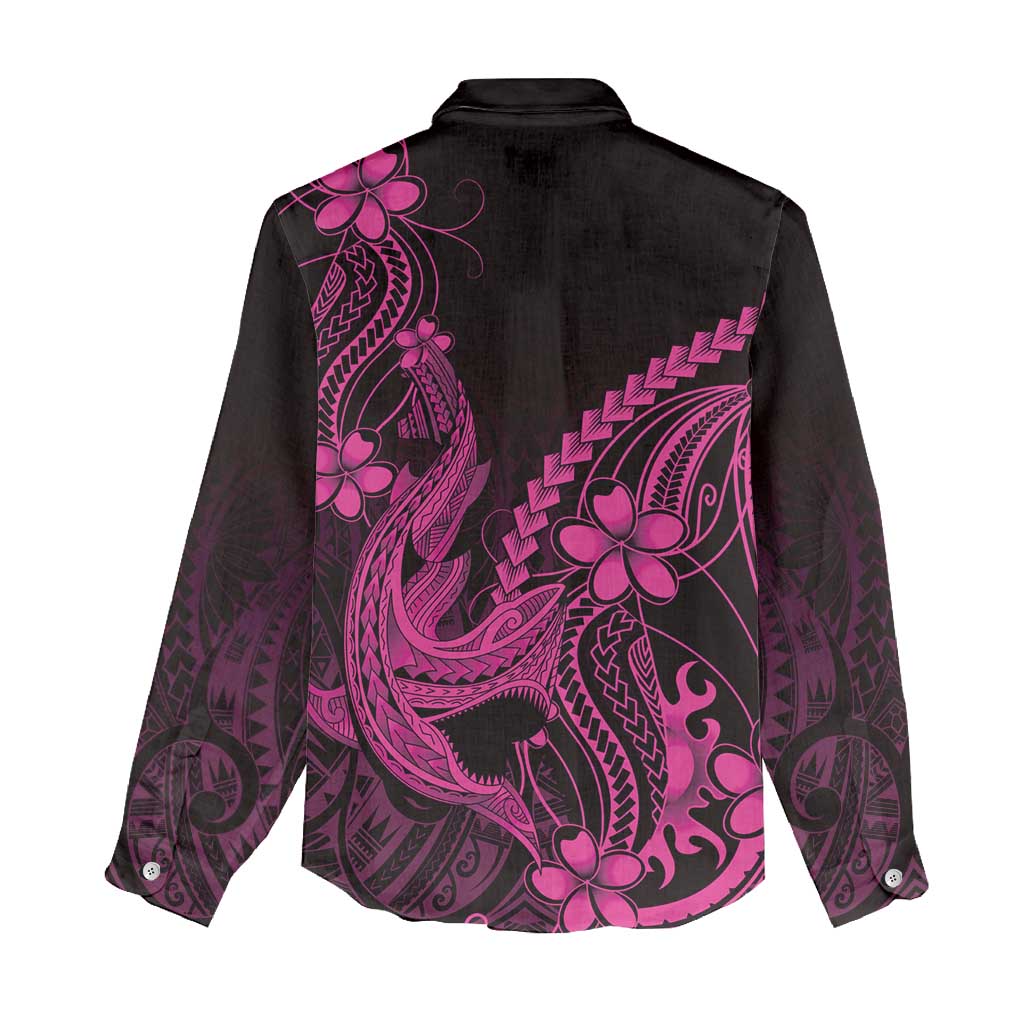 Pink Black Aloha Hawaii Women Casual Shirt Polynesian Shark Tattoo With Plumeria - Polynesian Pride