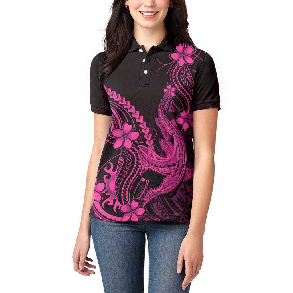 Pink Black Aloha Hawaii Women Polo Shirt Polynesian Shark Tattoo With Plumeria - Polynesian Pride