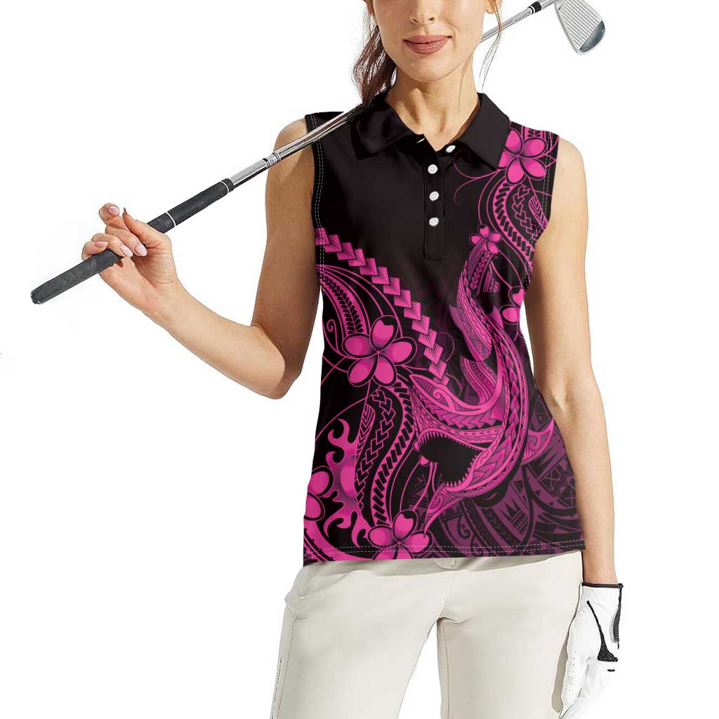 Pink Black Aloha Hawaii Women Sleeveless Polo Shirt Polynesian Shark Tattoo With Plumeria - Polynesian Pride