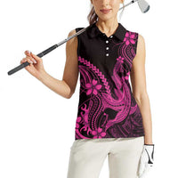 Pink Black Aloha Hawaii Women Sleeveless Polo Shirt Polynesian Shark Tattoo With Plumeria - Polynesian Pride