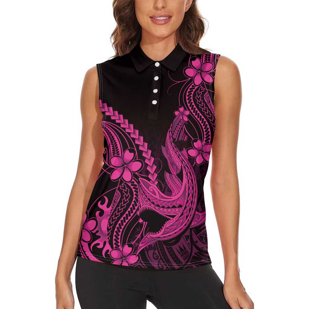 Pink Black Aloha Hawaii Women Sleeveless Polo Shirt Polynesian Shark Tattoo With Plumeria - Polynesian Pride