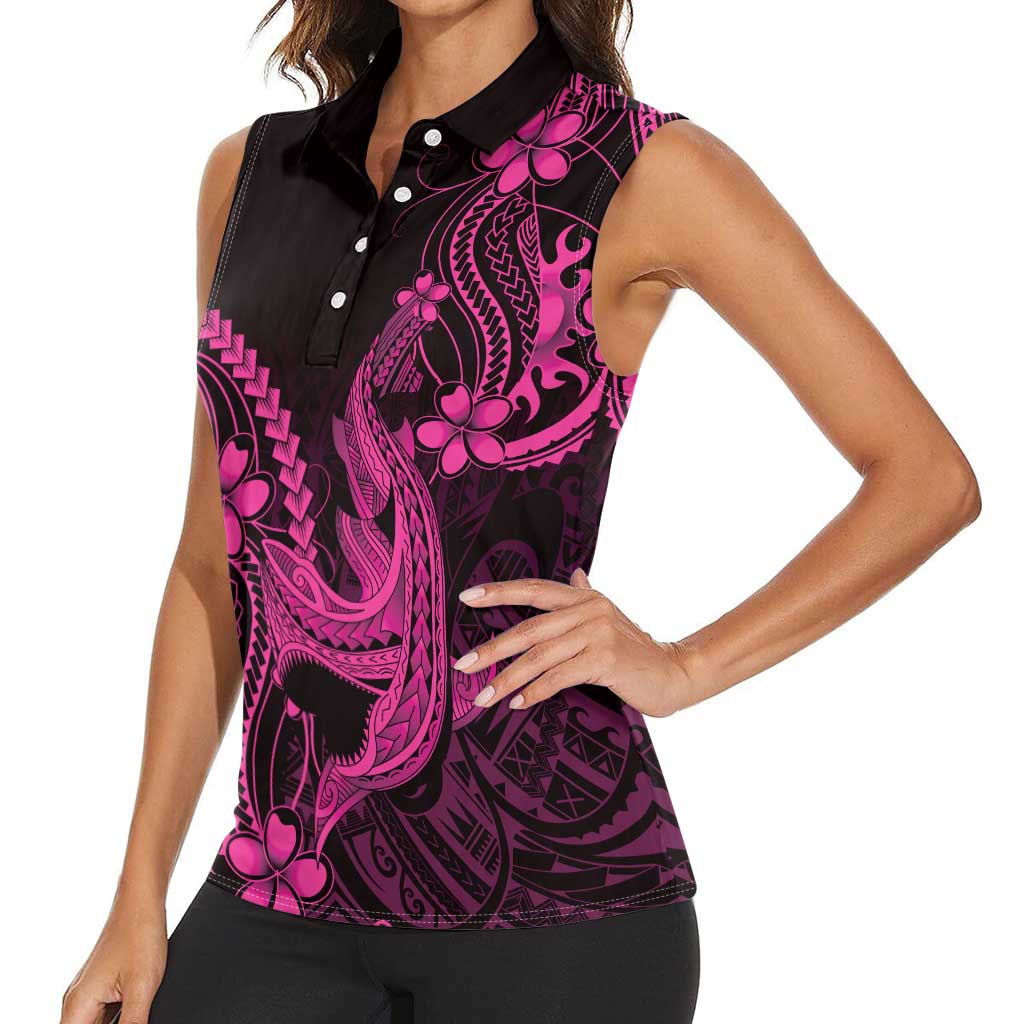 Pink Black Aloha Hawaii Women Sleeveless Polo Shirt Polynesian Shark Tattoo With Plumeria - Polynesian Pride