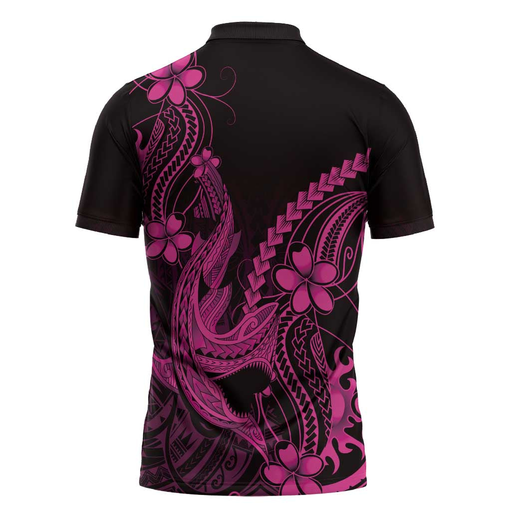 Pink Black Aloha Hawaii Zipper Polo Shirt Polynesian Shark Tattoo With Plumeria - Polynesian Pride