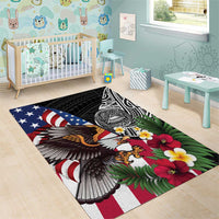 United States and American Samoa Area Rug USA Flag Eagle With Seal Tropical Flowers