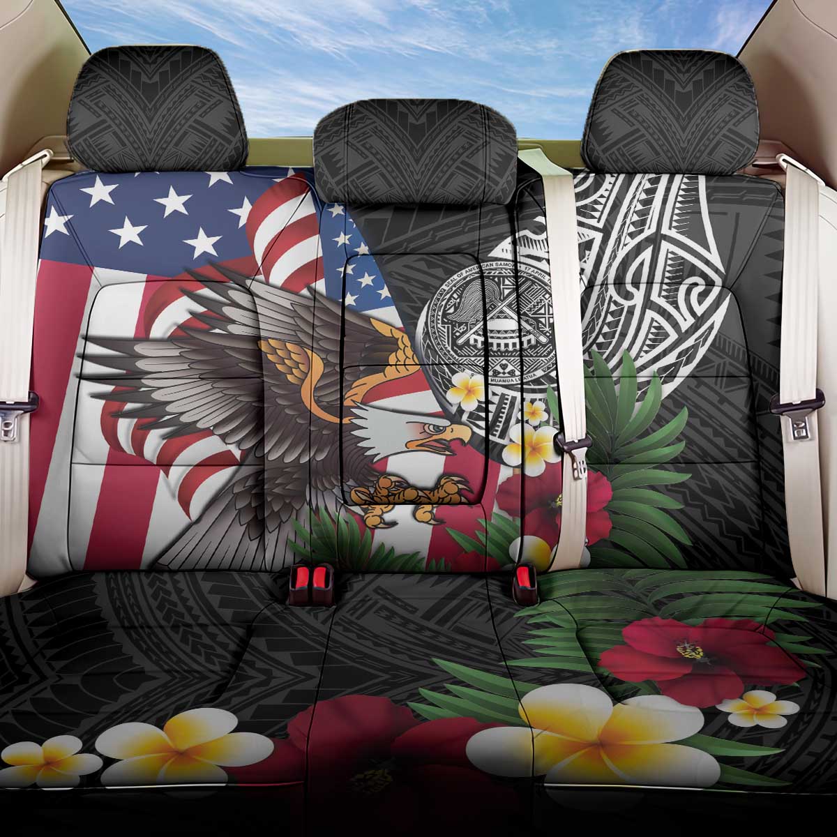 United States and American Samoa Back Car Seat Cover USA Flag Eagle With Seal Tropical Flowers