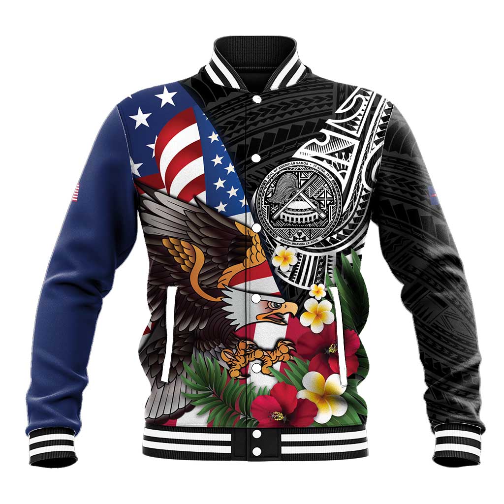United States and American Samoa Baseball Jacket USA Flag Eagle With Seal Tropical Flowers