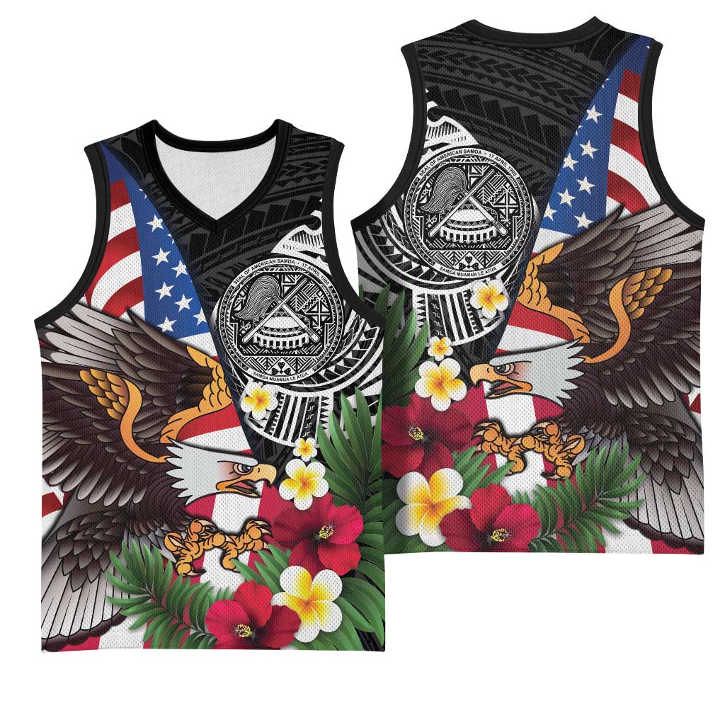 United States and American Samoa Basketball Jersey USA Flag Eagle With Seal Tropical Flowers