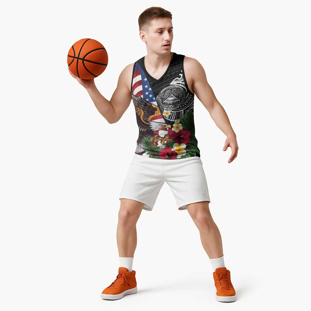 United States and American Samoa Basketball Jersey USA Flag Eagle With Seal Tropical Flowers