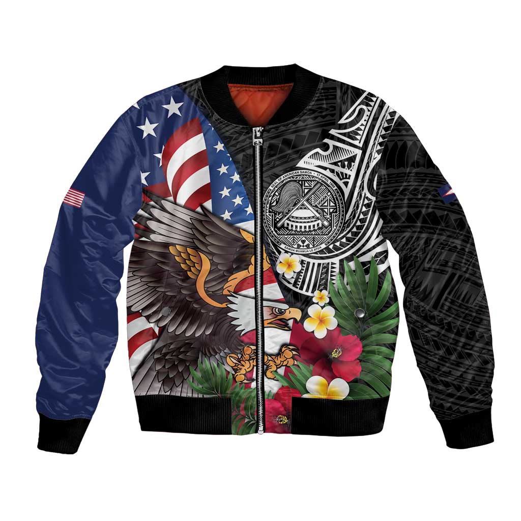 United States and American Samoa Bomber Jacket USA Flag Eagle With Seal Tropical Flowers
