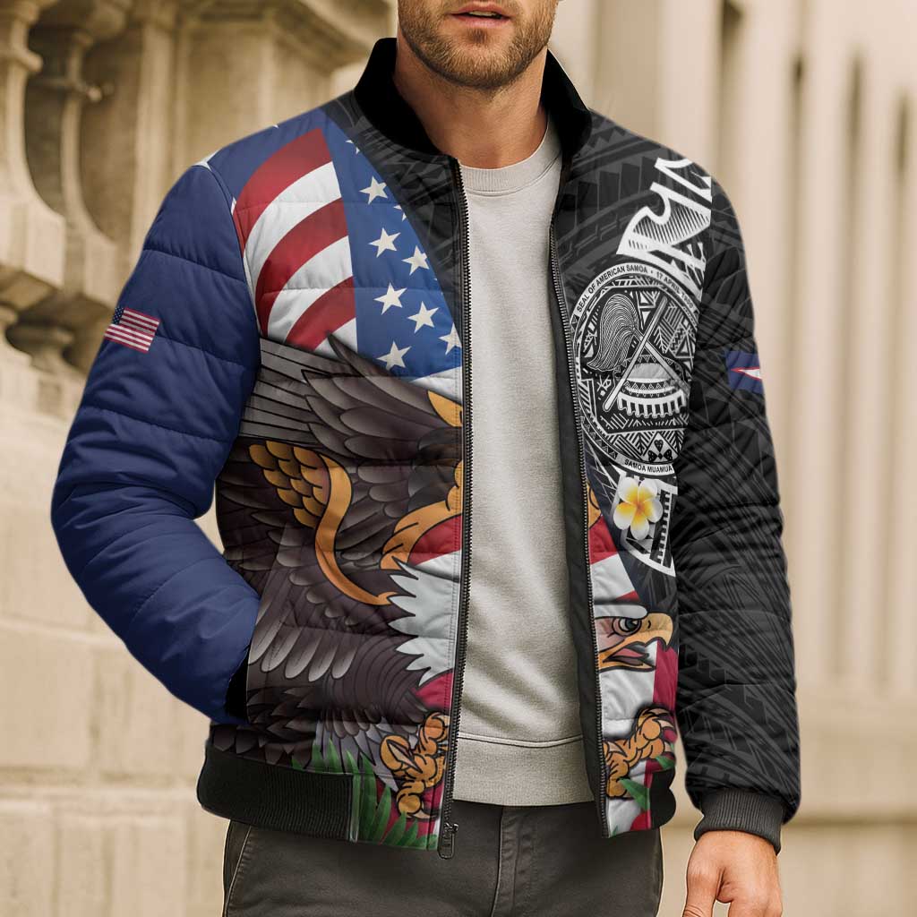 United States and American Samoa Bomber Puffer Jacket USA Flag Eagle With Seal Tropical Flowers