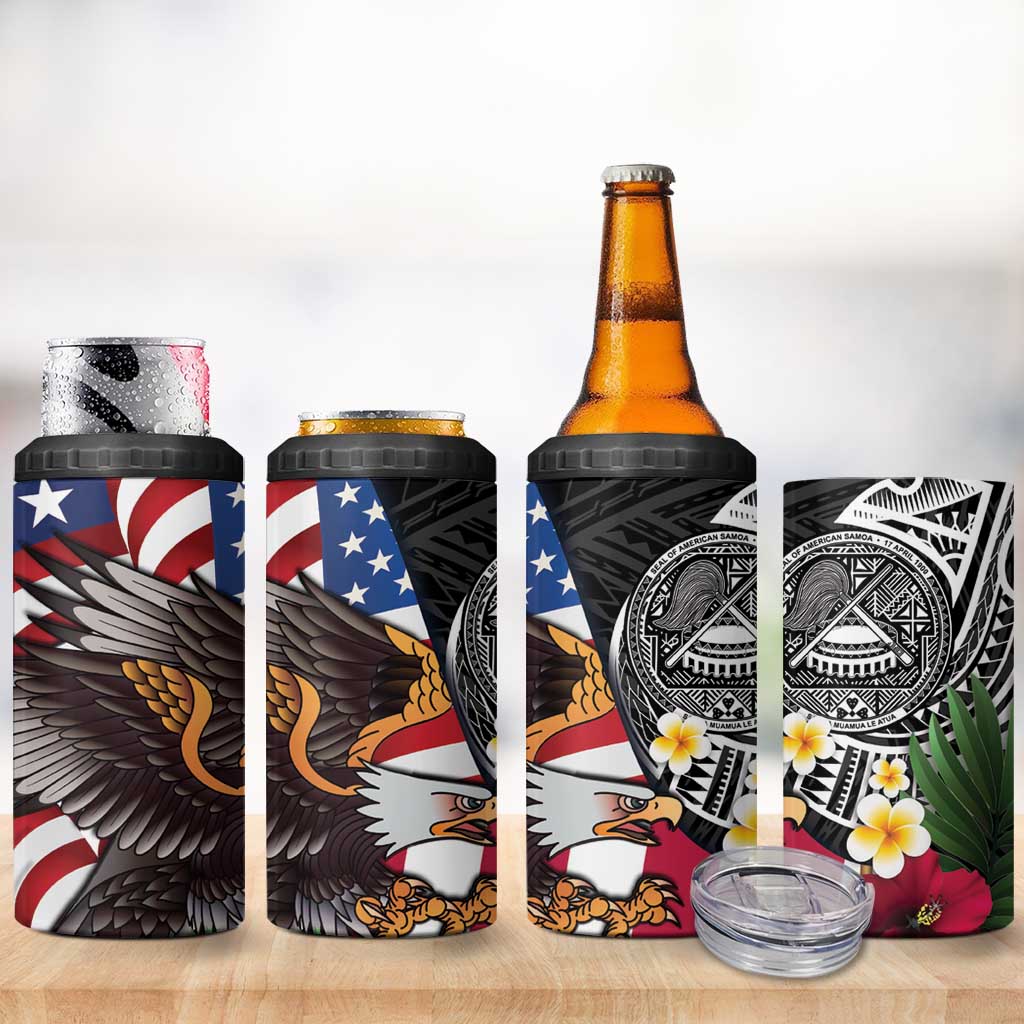 United States and American Samoa 4 in 1 Can Cooler Tumbler USA Flag Eagle With Seal Tropical Flowers