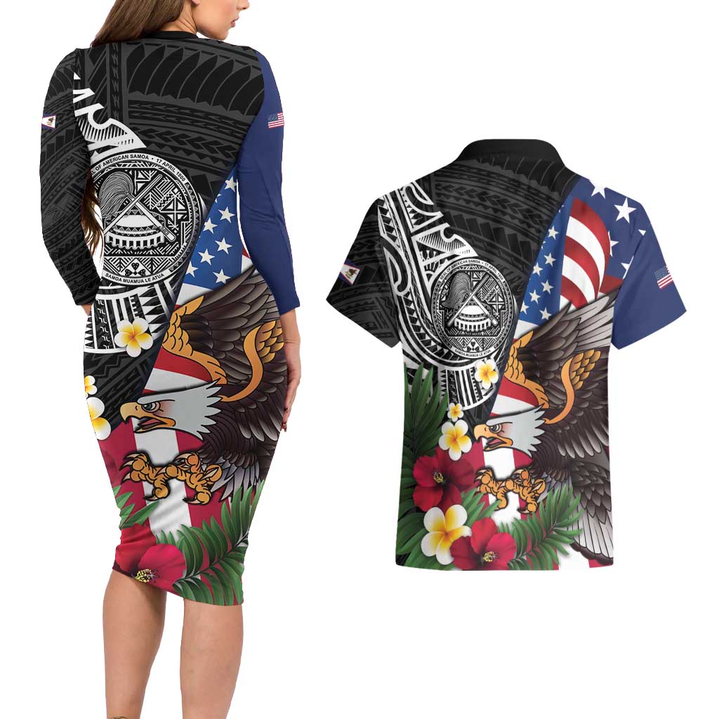 United States and American Samoa Couples Matching Long Sleeve Bodycon Dress and Hawaiian Shirt USA Flag Eagle With Seal Tropical Flowers