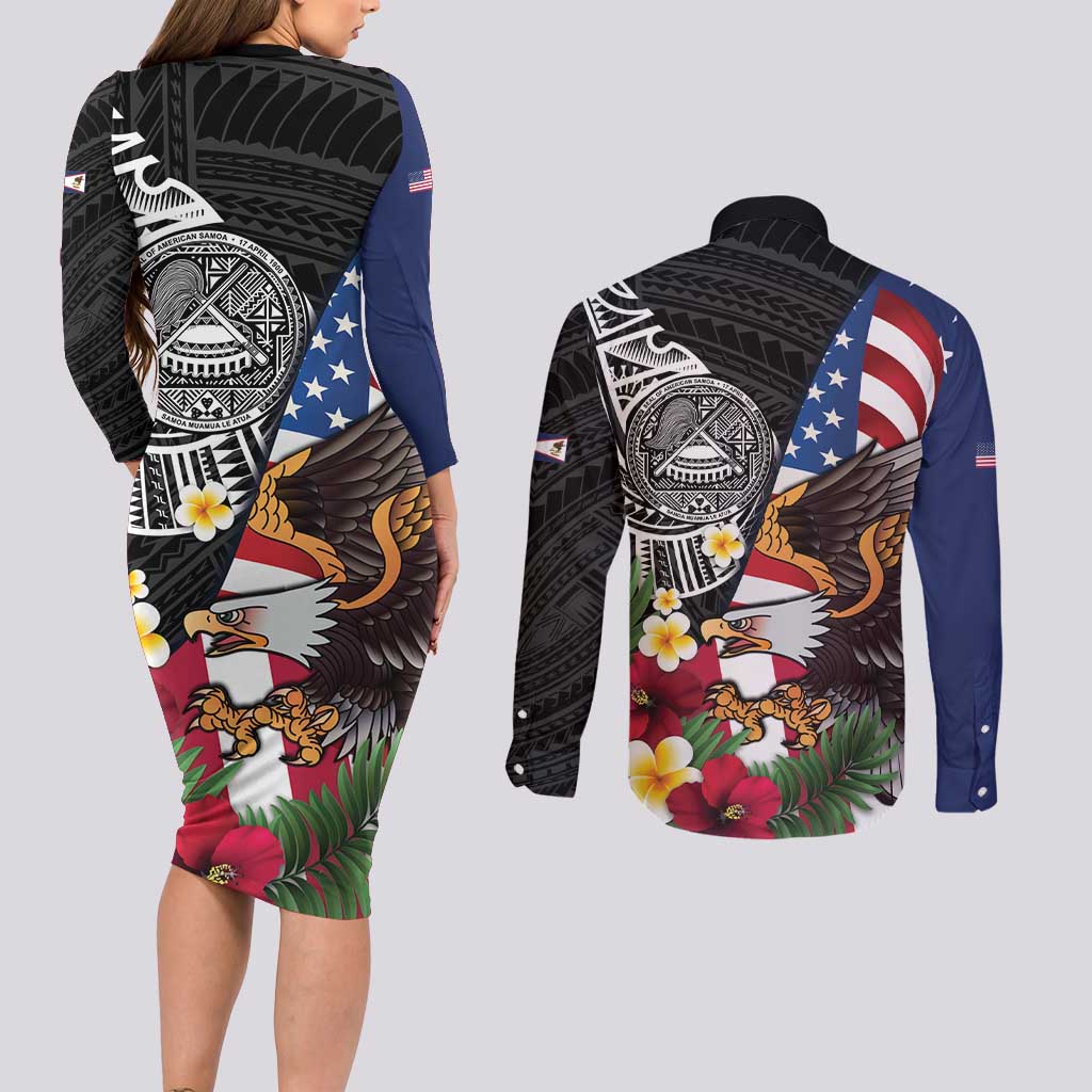 United States and American Samoa Couples Matching Long Sleeve Bodycon Dress and Long Sleeve Button Shirt USA Flag Eagle With Seal Tropical Flowers
