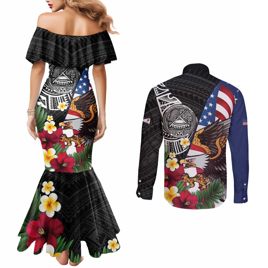 United States and American Samoa Couples Matching Mermaid Dress and Long Sleeve Button Shirt USA Flag Eagle With Seal Tropical Flowers