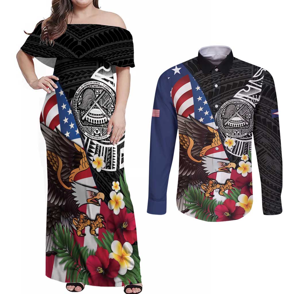 United States and American Samoa Couples Matching Off Shoulder Maxi Dress and Long Sleeve Button Shirt USA Flag Eagle With Seal Tropical Flowers LT14 Black - Polynesian Pride