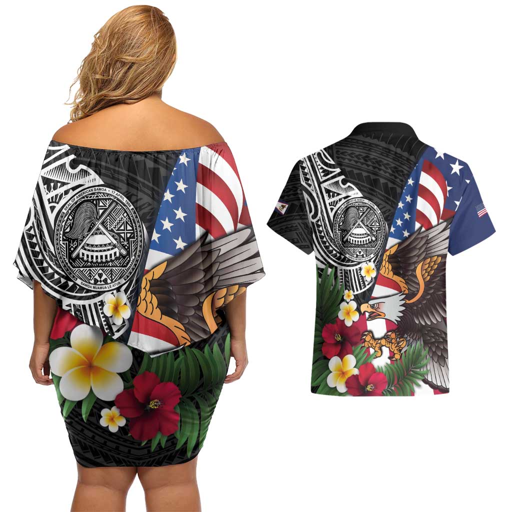 United States and American Samoa Couples Matching Off Shoulder Short Dress and Hawaiian Shirt USA Flag Eagle With Seal Tropical Flowers