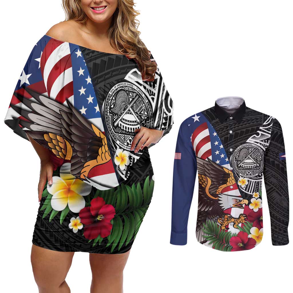 United States and American Samoa Couples Matching Off Shoulder Short Dress and Long Sleeve Button Shirt USA Flag Eagle With Seal Tropical Flowers