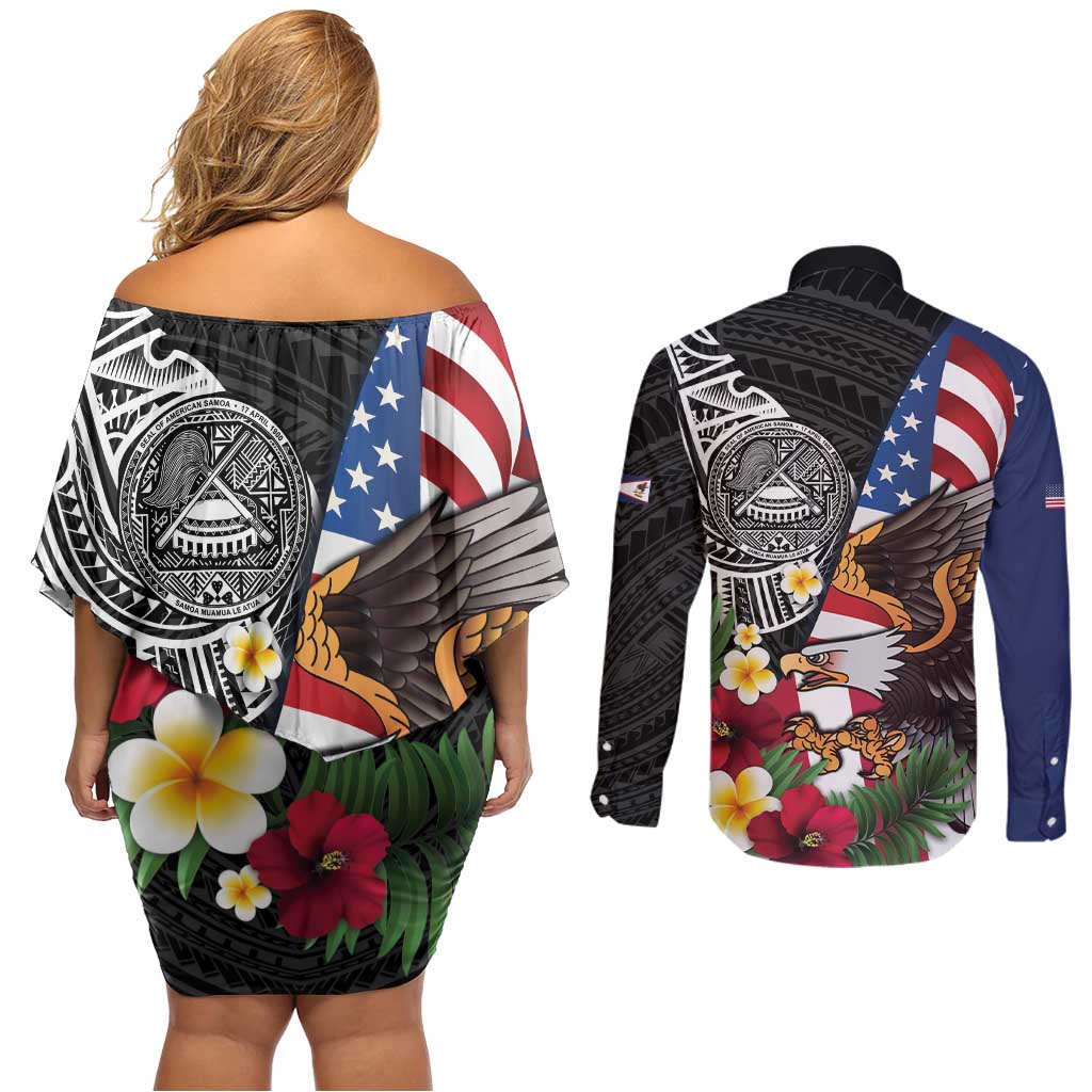 United States and American Samoa Couples Matching Off Shoulder Short Dress and Long Sleeve Button Shirt USA Flag Eagle With Seal Tropical Flowers