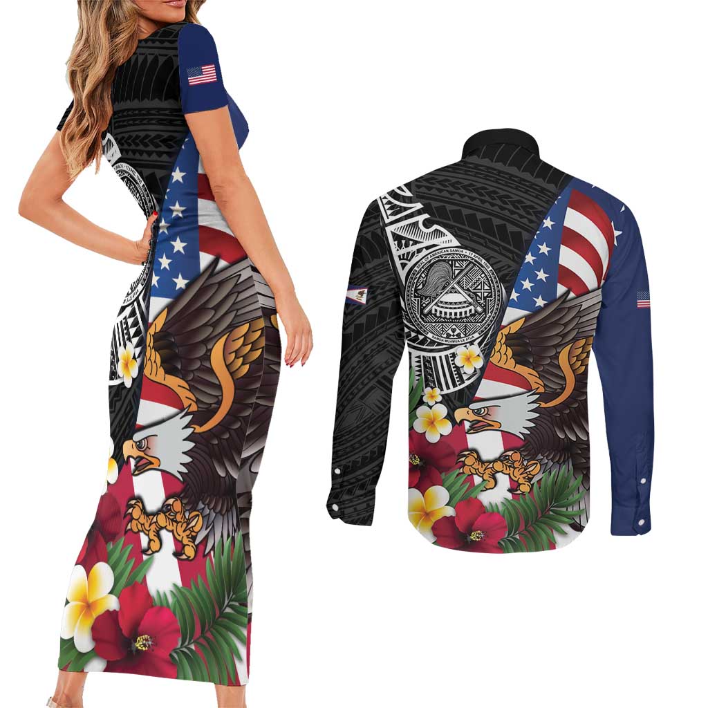 United States and American Samoa Couples Matching Short Sleeve Bodycon Dress and Long Sleeve Button Shirt USA Flag Eagle With Seal Tropical Flowers