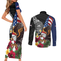 United States and American Samoa Couples Matching Short Sleeve Bodycon Dress and Long Sleeve Button Shirt USA Flag Eagle With Seal Tropical Flowers