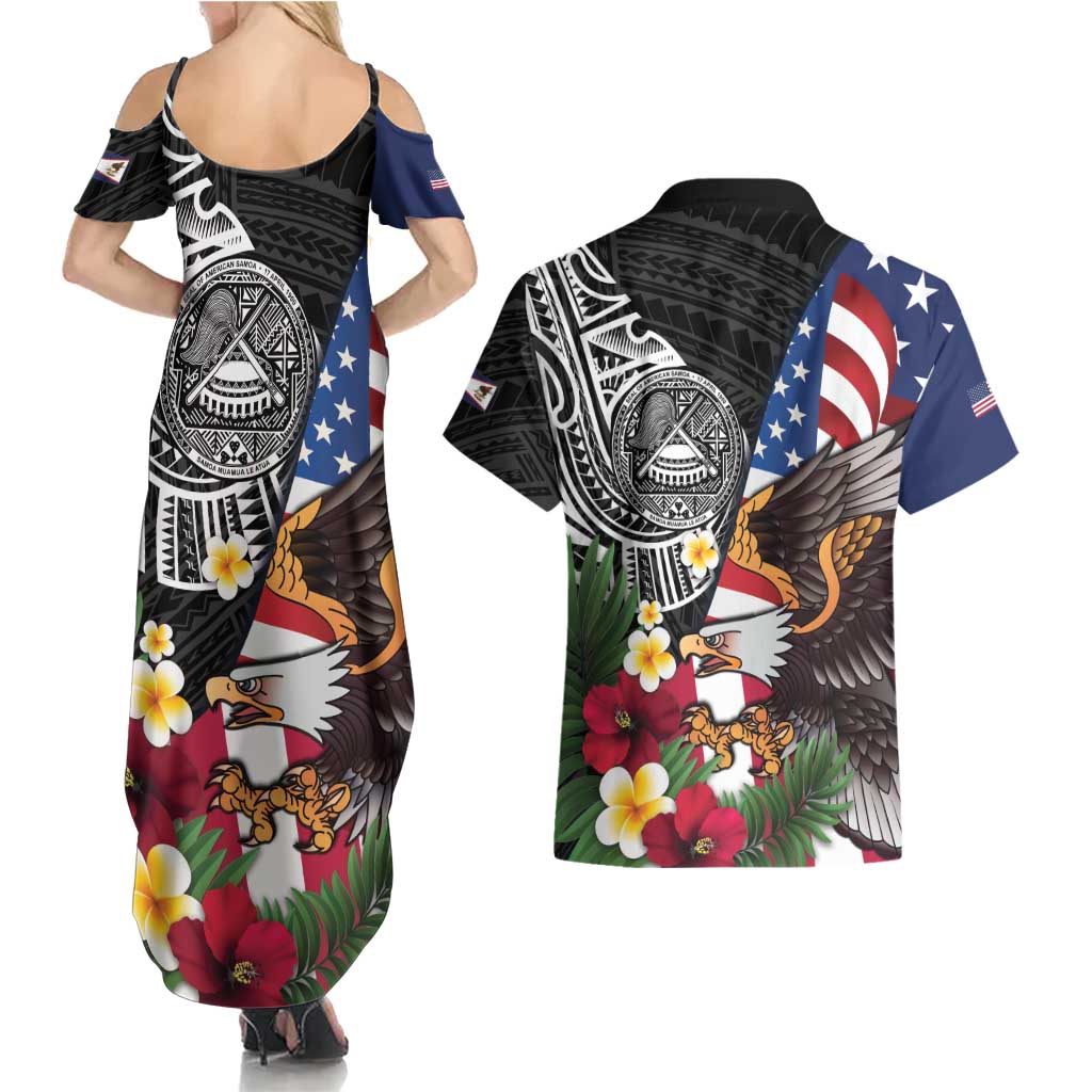 United States and American Samoa Couples Matching Summer Maxi Dress and Hawaiian Shirt USA Flag Eagle With Seal Tropical Flowers