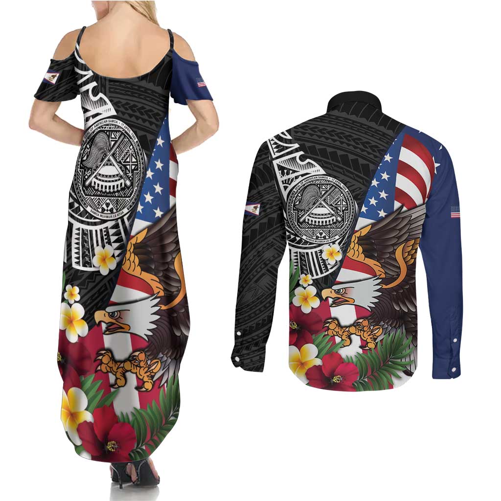 United States and American Samoa Couples Matching Summer Maxi Dress and Long Sleeve Button Shirt USA Flag Eagle With Seal Tropical Flowers
