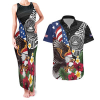 United States and American Samoa Couples Matching Tank Maxi Dress and Hawaiian Shirt USA Flag Eagle With Seal Tropical Flowers
