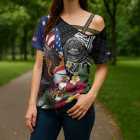 United States and American Samoa Cross Shoulder Shirt USA Flag Eagle With Seal Tropical Flowers