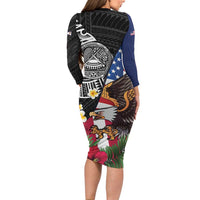 United States and American Samoa Family Matching Long Sleeve Bodycon Dress and Hawaiian Shirt USA Flag Eagle With Seal Tropical Flowers