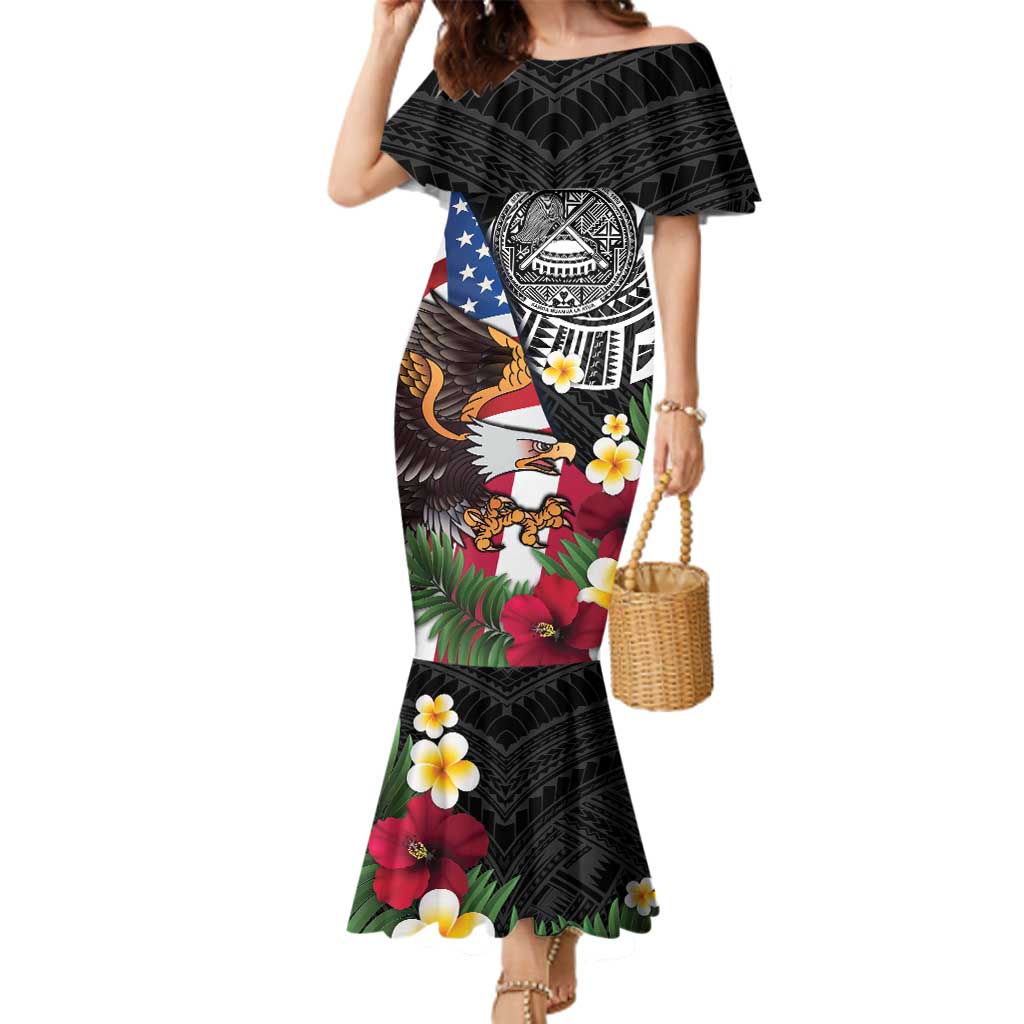 United States and American Samoa Family Matching Mermaid Dress and Hawaiian Shirt USA Flag Eagle With Seal Tropical Flowers
