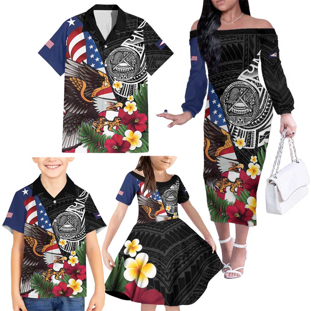United States and American Samoa Family Matching Off The Shoulder Long Sleeve Dress and Hawaiian Shirt USA Flag Eagle With Seal Tropical Flowers LT14 - Polynesian Pride