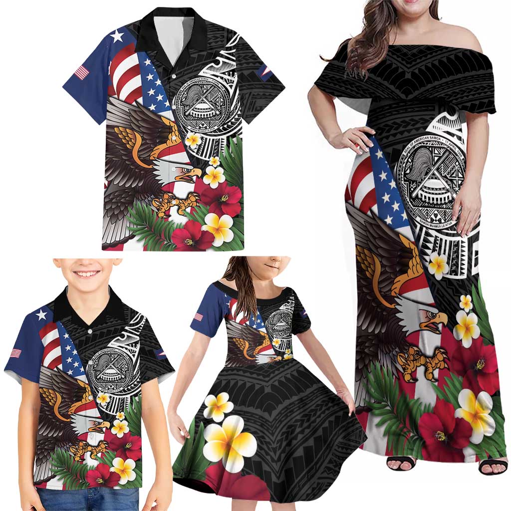 United States and American Samoa Family Matching Off Shoulder Maxi Dress and Hawaiian Shirt USA Flag Eagle With Seal Tropical Flowers