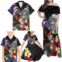 United States and American Samoa Family Matching Off Shoulder Maxi Dress and Hawaiian Shirt USA Flag Eagle With Seal Tropical Flowers