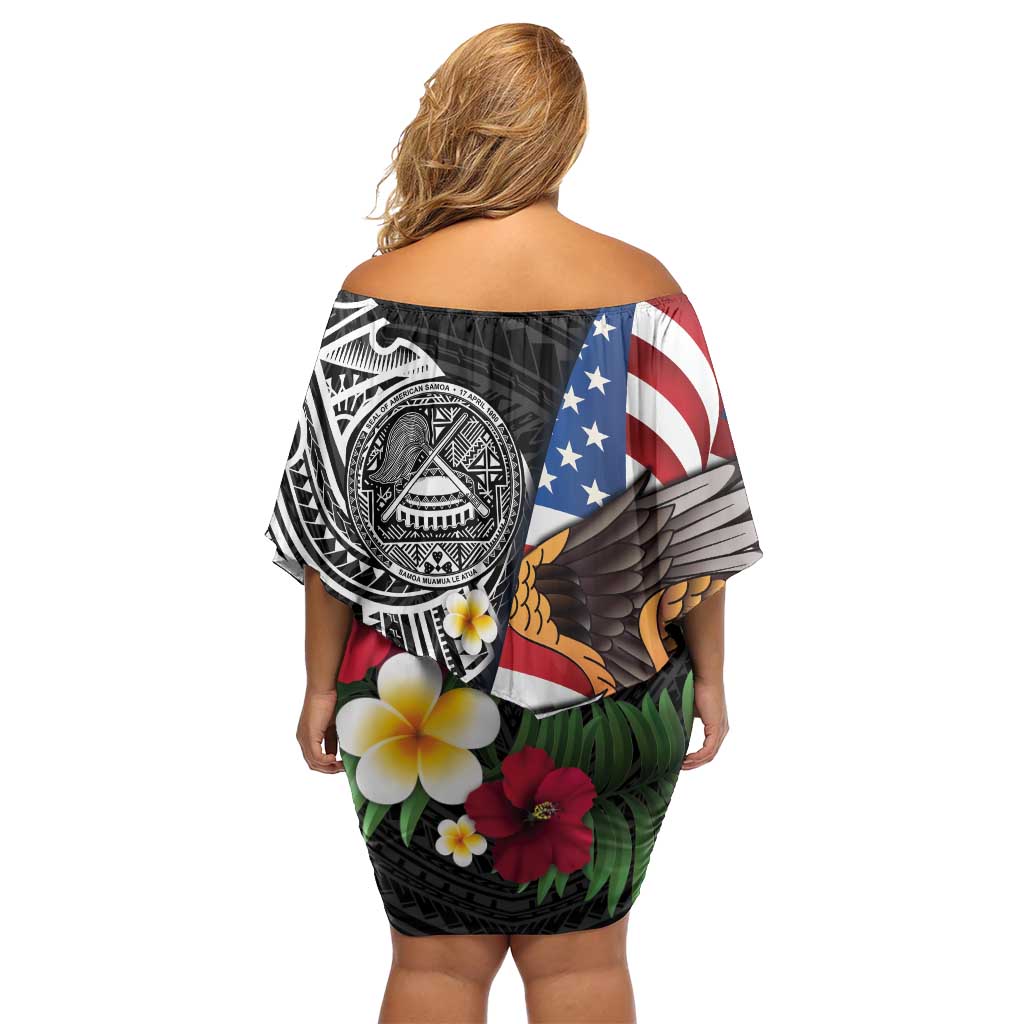 United States and American Samoa Family Matching Off Shoulder Short Dress and Hawaiian Shirt USA Flag Eagle With Seal Tropical Flowers