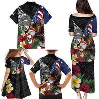 United States and American Samoa Family Matching Puletasi and Hawaiian Shirt USA Flag Eagle With Seal Tropical Flowers