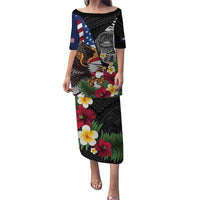 United States and American Samoa Family Matching Puletasi and Hawaiian Shirt USA Flag Eagle With Seal Tropical Flowers