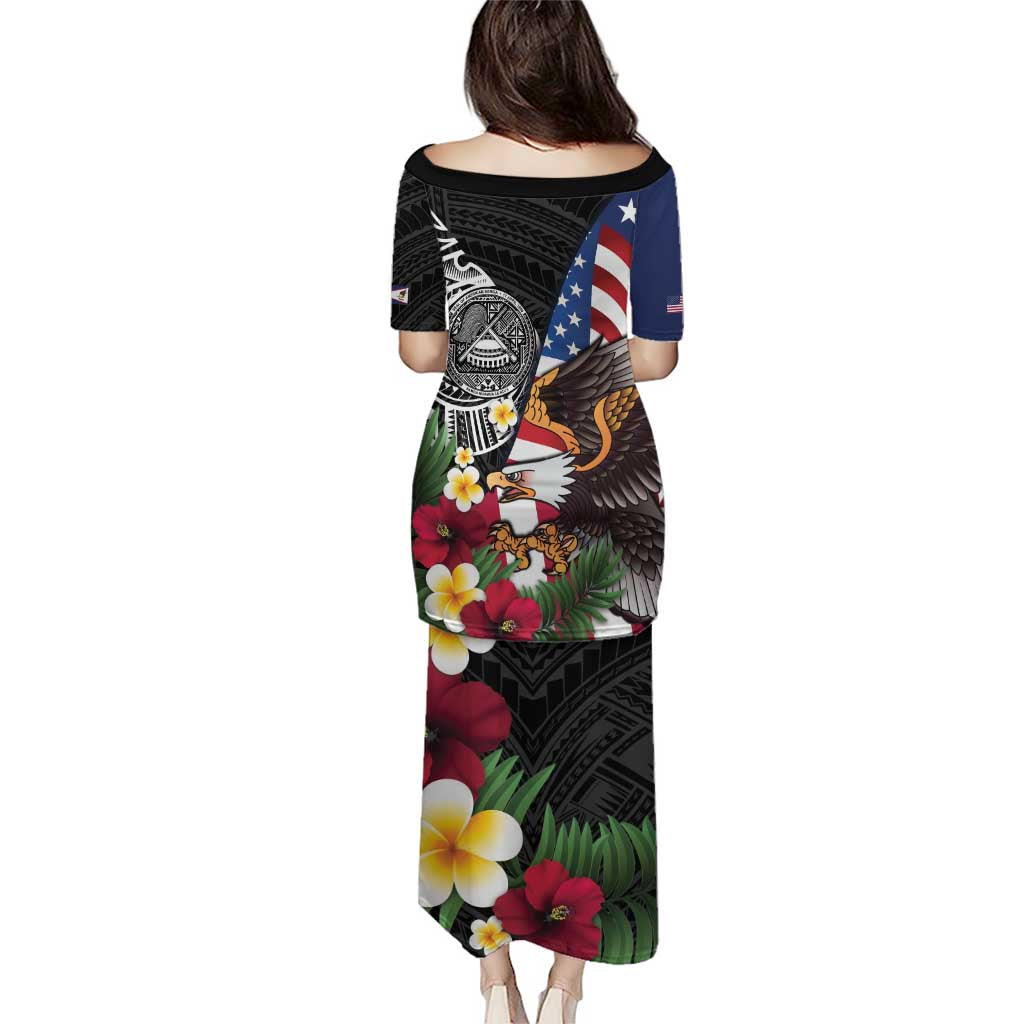 United States and American Samoa Family Matching Puletasi and Hawaiian Shirt USA Flag Eagle With Seal Tropical Flowers