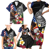 United States and American Samoa Family Matching Short Sleeve Bodycon Dress and Hawaiian Shirt USA Flag Eagle With Seal Tropical Flowers