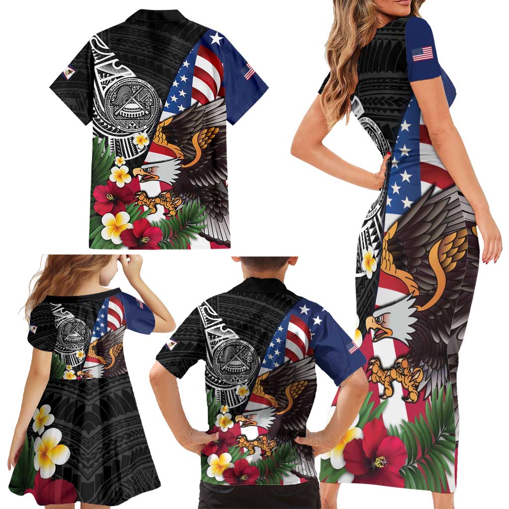 United States and American Samoa Family Matching Short Sleeve Bodycon Dress and Hawaiian Shirt USA Flag Eagle With Seal Tropical Flowers