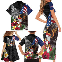 United States and American Samoa Family Matching Short Sleeve Bodycon Dress and Hawaiian Shirt USA Flag Eagle With Seal Tropical Flowers