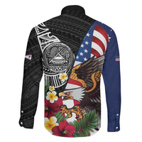 United States and American Samoa Family Matching Short Sleeve Bodycon Dress and Hawaiian Shirt USA Flag Eagle With Seal Tropical Flowers