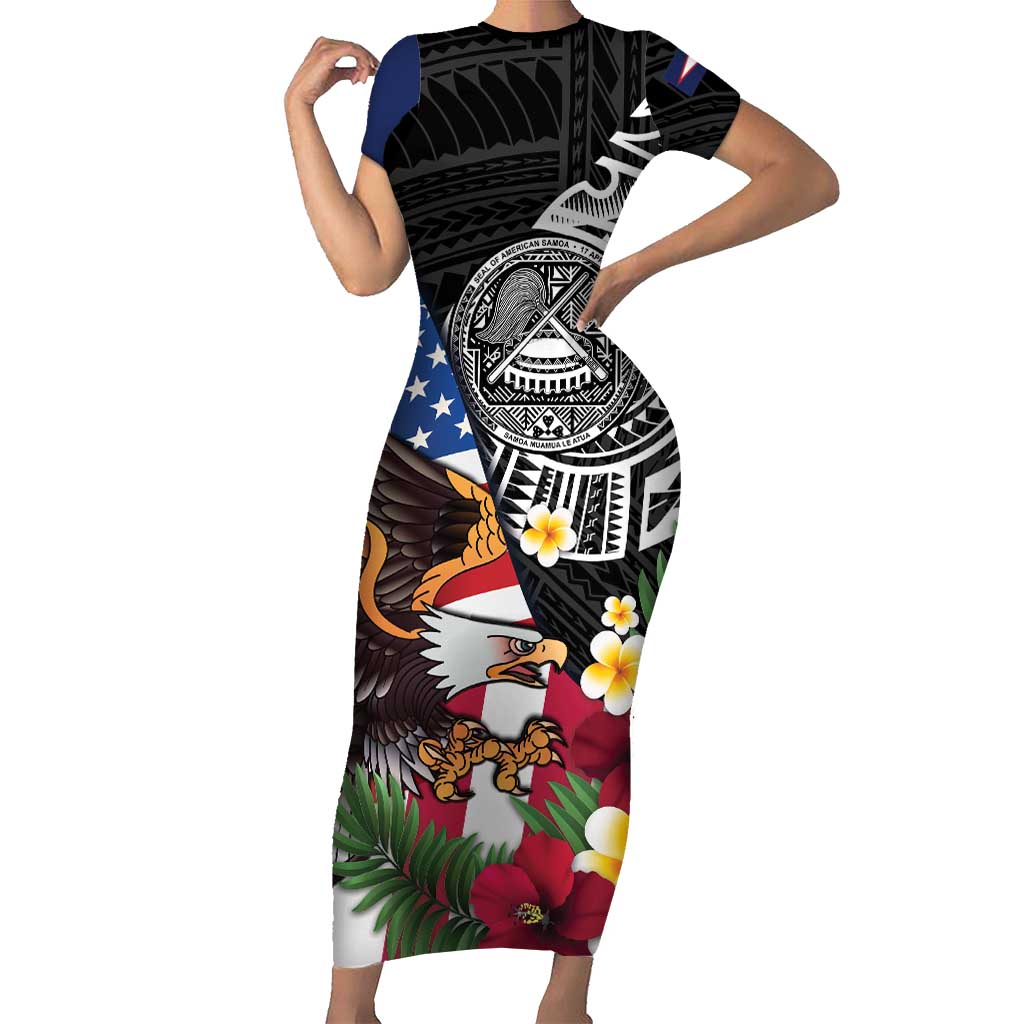 United States and American Samoa Family Matching Short Sleeve Bodycon Dress and Hawaiian Shirt USA Flag Eagle With Seal Tropical Flowers