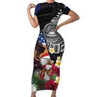 United States and American Samoa Family Matching Short Sleeve Bodycon Dress and Hawaiian Shirt USA Flag Eagle With Seal Tropical Flowers