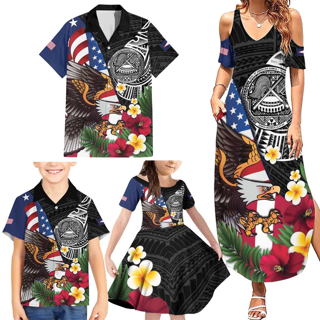 United States and American Samoa Family Matching Summer Maxi Dress and Hawaiian Shirt USA Flag Eagle With Seal Tropical Flowers