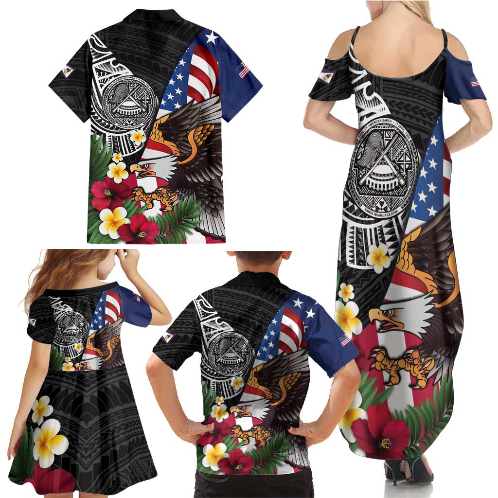 United States and American Samoa Family Matching Summer Maxi Dress and Hawaiian Shirt USA Flag Eagle With Seal Tropical Flowers
